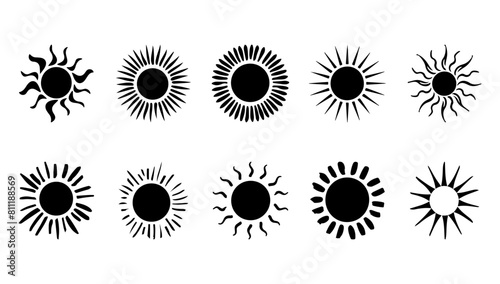 Sun black icon element vector collection. Illustration element abstract symbol and circle graphic design set. Star art summer and decoration sunshine doodle simple cartoon concept