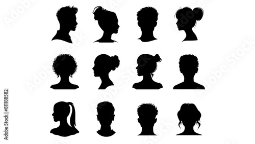 Male and female head silhouettes avatar set. Vector illustration black person portrait head. Anonymous face profile and group icon. Human diversity photo