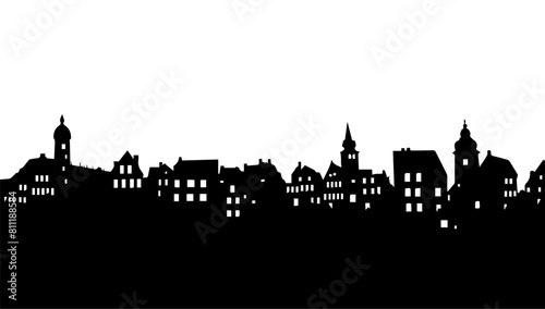 Black silhouette town isolated white vector illustration. House background building design and abstract landscape outline with roof. Urban street horizontal outdoor structure.
