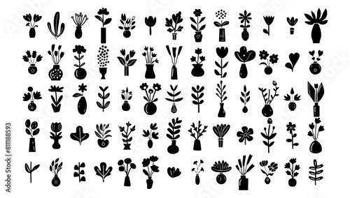 Naive organic abstract flowers set vector illustration. Art design summer black and trendy shape doodle. Vintage floral element groovy and blossom drawing. Collection collage flower