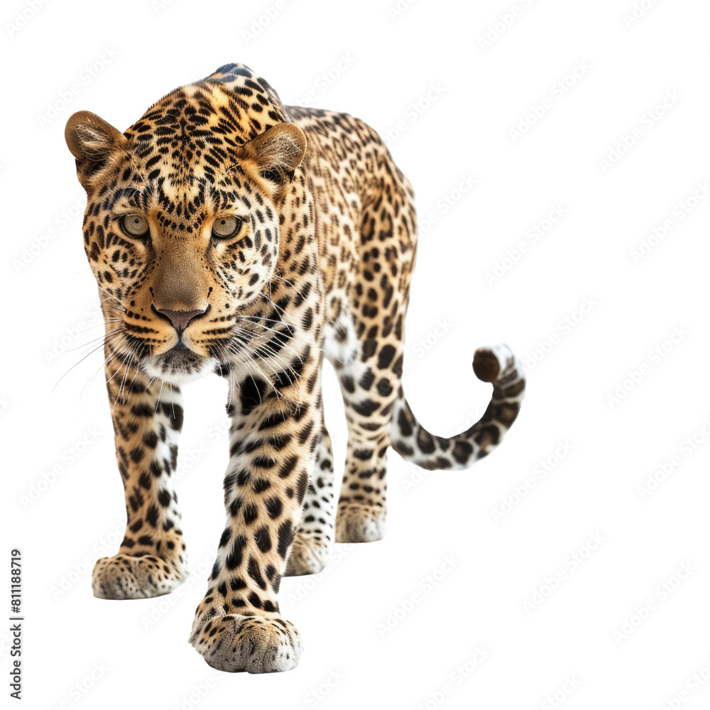 Naklejka premium Portrait of leopard standing. Panthera pardus, against transparent background