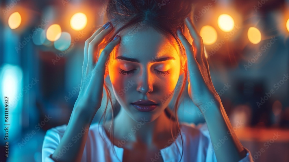 Young Woman Experiencing Headache Under Neon Lights. Generative ai Young Woman Experiencing Headache Under Neon Lights. Generative ai