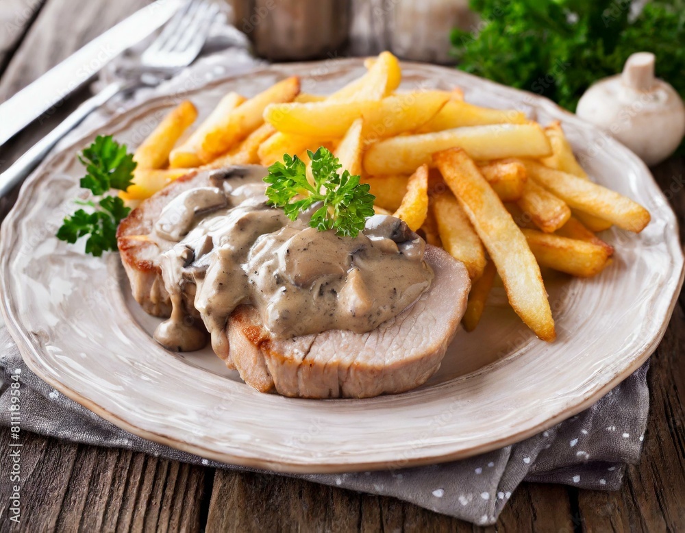 Schweinefiletmit Champignon soße und Pommes Schweinefiletmit Champignon soße und Pommes