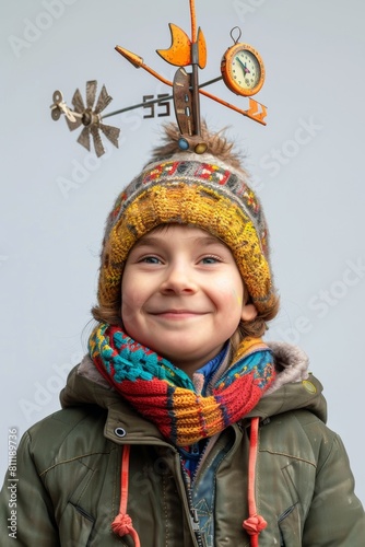 Humorous portrait of a cute little boy wearing warm winter clothes and knitted hat with weather gauge and vane on top. Cheerful kid dreams of becoming a meteorologist. Light gray studio background. photo