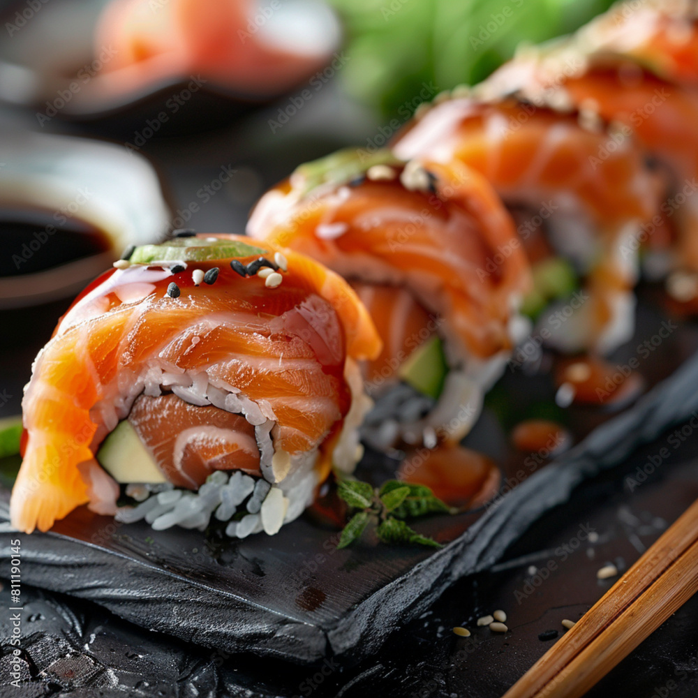 photo of big sushi roll with salmon, japanese cuisine, delicious, japanese restaurant background photo of big sushi roll with salmon, japanese cuisine, delicious, japanese restaurant background