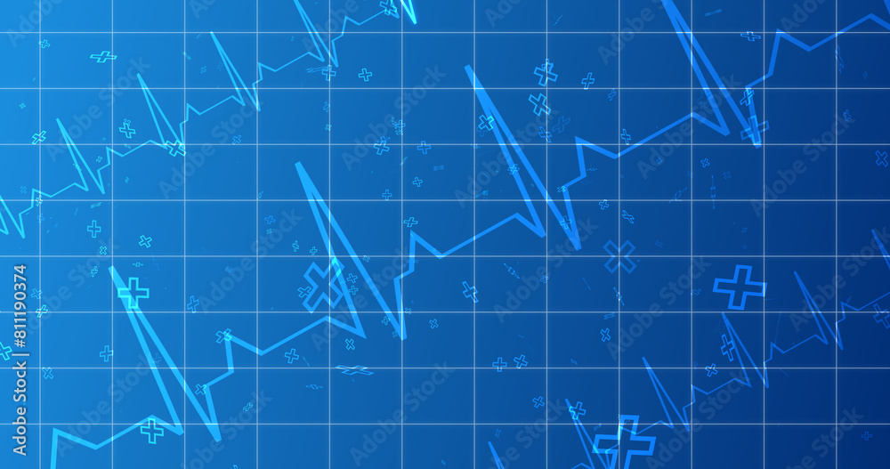 Fototapeta premium EKG ECG Cardiogram moving healthcare medical bg. Health innovation concept with hexagons biotechnology and chemistry molecules bg. Pharmacy DNA presentation infographic medicine drugs nurse aid.