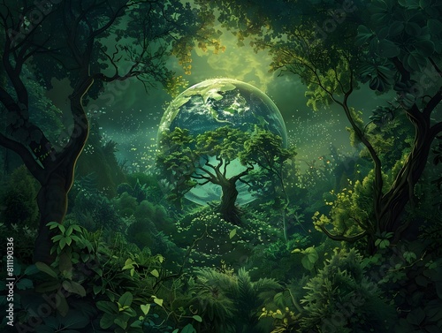 of Lush Green Forest Emerging from the Earths Globe A Symbol of Nature and Humanitys