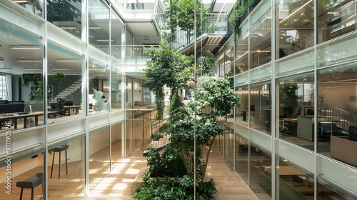 Elegant coworking office in madrid spain features indoor greenery sleek stairway and transparent partitions accentuating the modern design