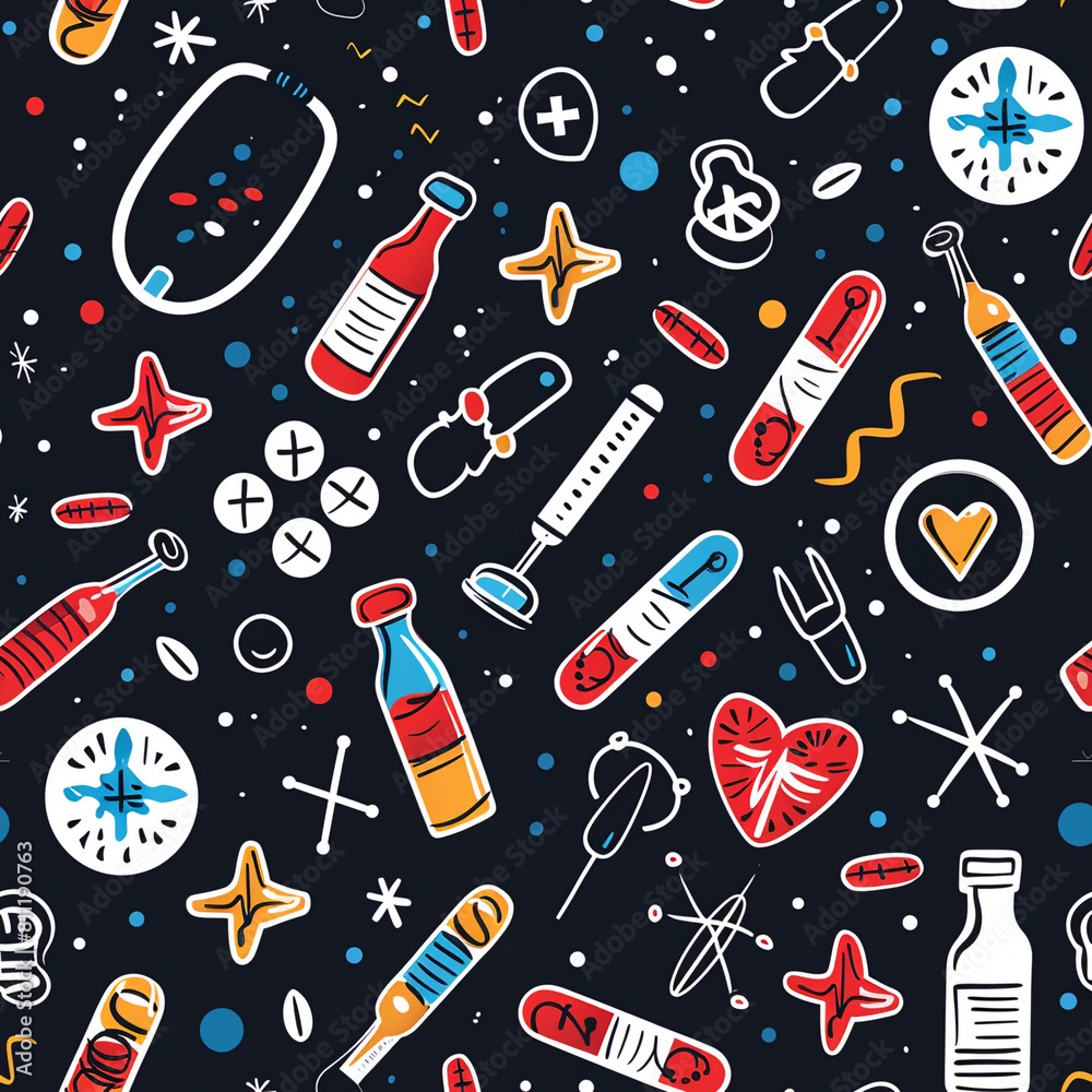 Seamless pattern medical pills black background. Healthcare therapy. Colored drugs treatment Seamless pattern medical pills black background. Healthcare therapy. Colored drugs treatment