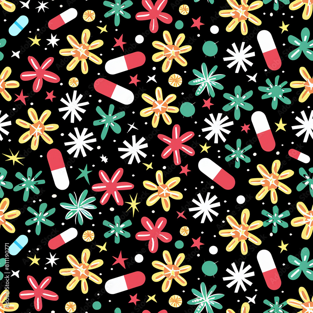 Seamless pattern medical pills black background. Healthcare therapy. Colored drugs treatment Seamless pattern medical pills black background. Healthcare therapy. Colored drugs treatment