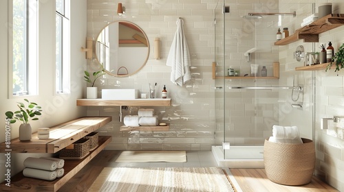 Contemporary Elegance  Light-Toned Modern Bathroom. Explore the epitome of modern bathroom design with this inviting interior  featuring a walk-in shower  a stylish sink  and wooden shelves beneath