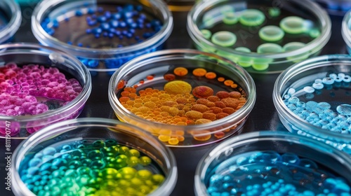 Assorted colorful cultures in petri dishes, neatly arranged on a dark laboratory table, showcasing a variety of biological samples.
