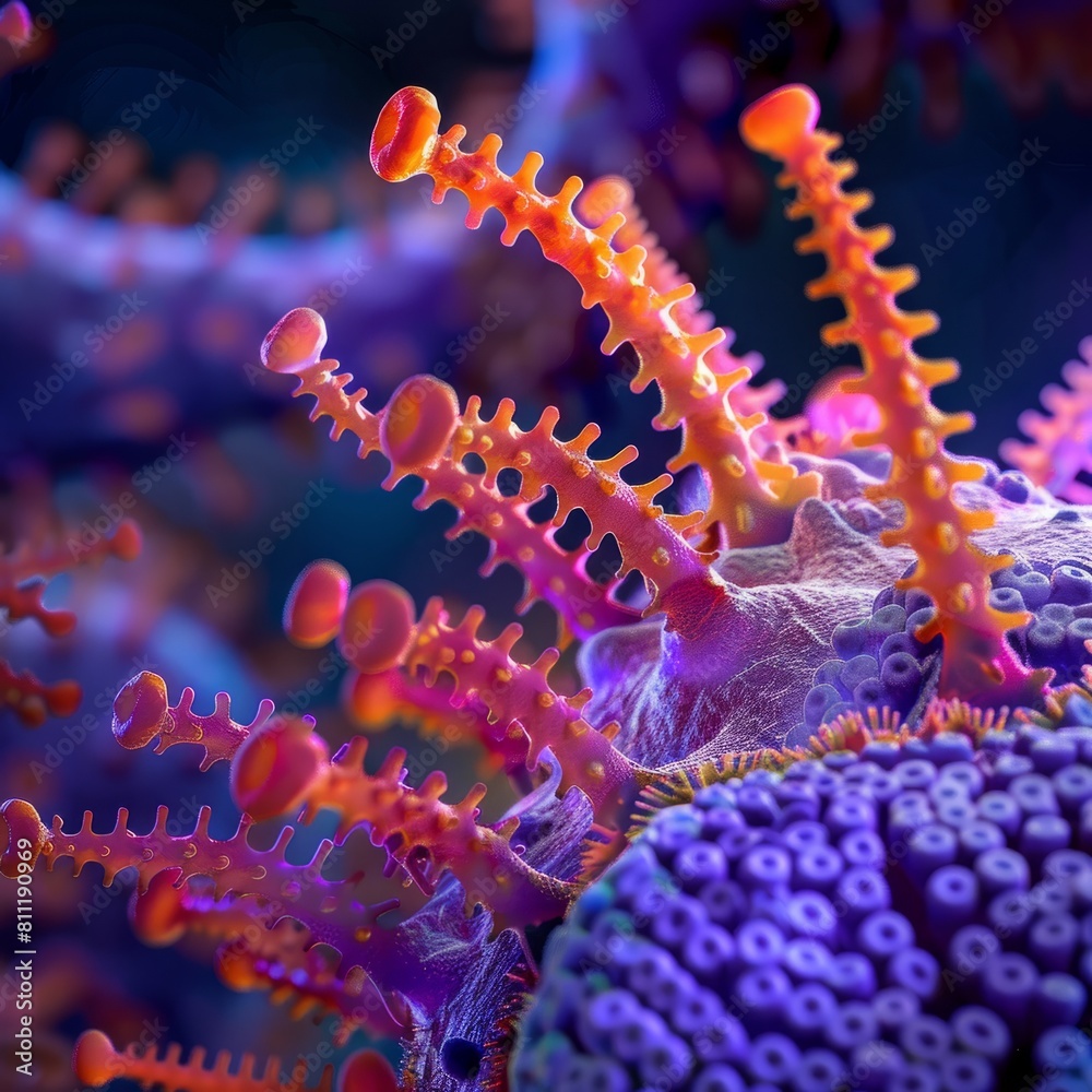 Fototapeta premium Detailed visualization of a spherical cellular structure with orange spike-like projections, emphasizing intricate details in scientific microscopy.