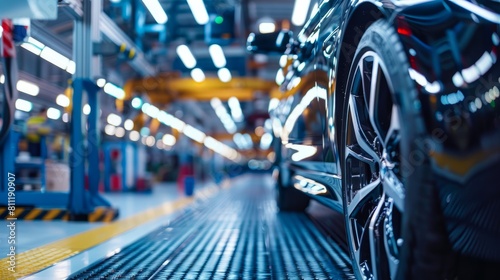 Close-up view of a luxury sports car on the assembly line in an automobile manufacturing plant, showcasing its sleek wheel and detailed bodywork under bright factory lights.