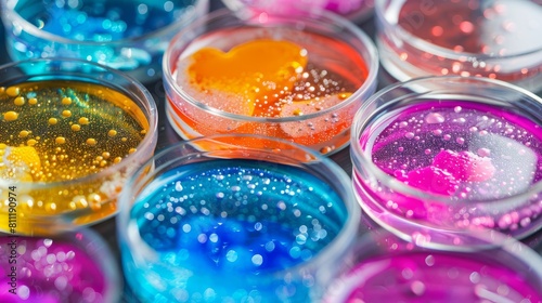 Array of petri dishes containing colorful microbial growths, used in scientific research to study the behavior and characteristics of various microorganisms.