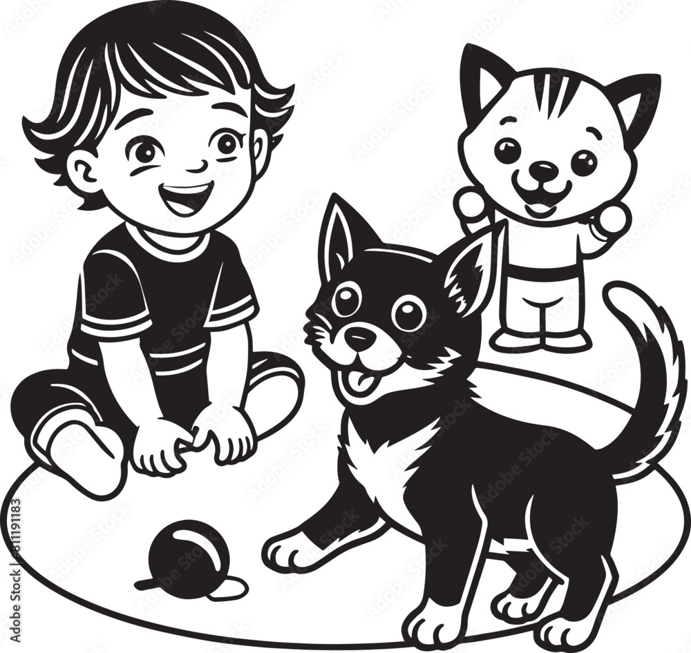 Black and White Cartoon Illustration of Kids Playing with Cats and Dogs Coloring Book