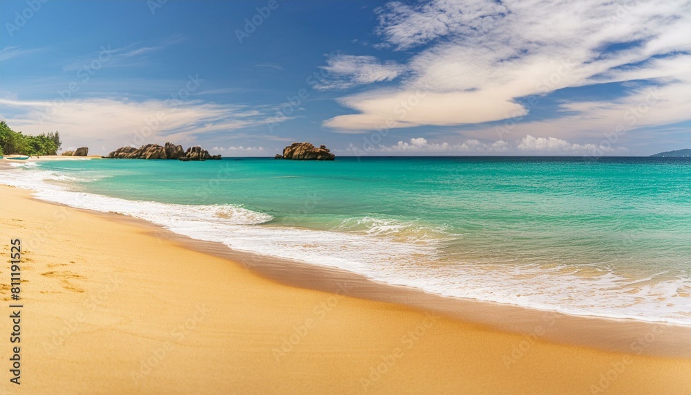 beach with trees, summer beach scene with golden sands azure waters and a clear blue sky invoking a sense of tranquility and relaxation
