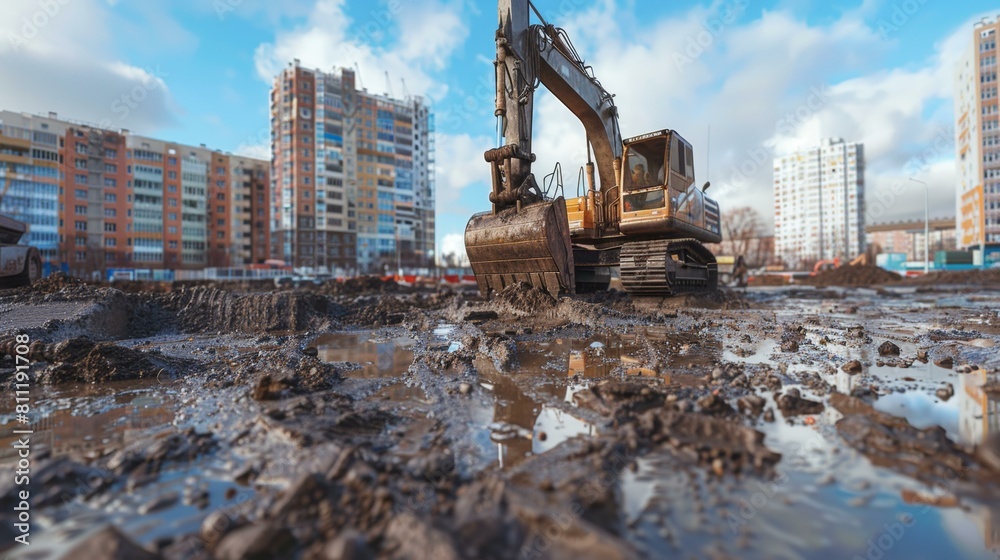 Vibrant construction excavator on muddy ground at urban development site with colorful apartment buildings under cloudy sky. Copy space. Vibrant construction excavator on muddy ground at urban development site with colorful apartment buildings under cloudy sky. Copy space.
