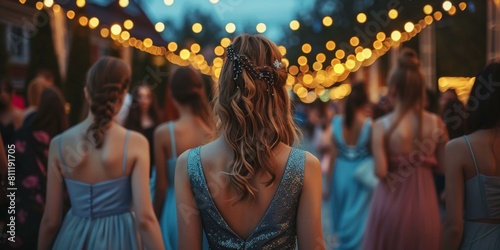 Enchanting evening at outdoor prom celebration, multiple teenagers in formal attire under twinkling lights, festive mood, social gathering, summer night.