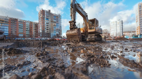 Vibrant construction excavator on muddy ground at urban development site with colorful apartment buildings under cloudy sky. Copy space.