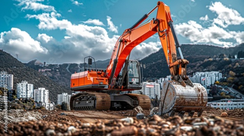 Vibrant orange excavator on construction site against mountainous backdrop  clear sky  emphasizing urban development and technological advancement.