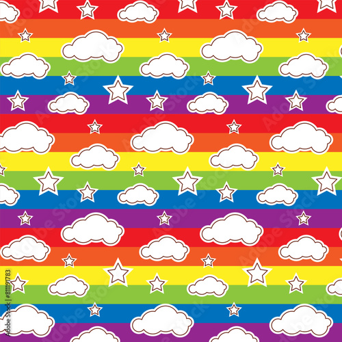 Colorful seamless pattern with LGBT symbols. Lesbians, gays, bisexuals, transsexuals. LGBT holiday flag. Cartoon texture on a multi-colored striped background for decoration and print.