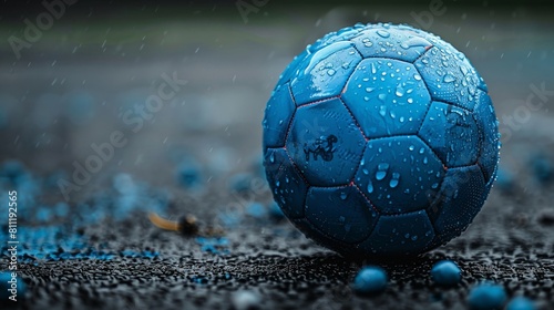Bright blue soccer ball on a stark black backdrop ideal for sports equipment marketing with dynamic contrast photo
