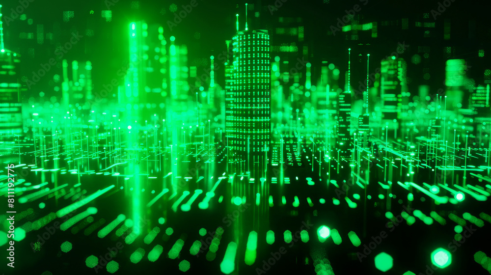 green digital skyline. Artificial intelligence concept. green digital skyline. Artificial intelligence concept.