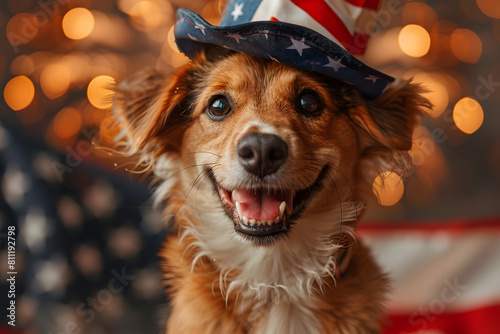 Funny patriotic dog in hat with American flag and fireworks on background, 4 July Independence Day celebration.