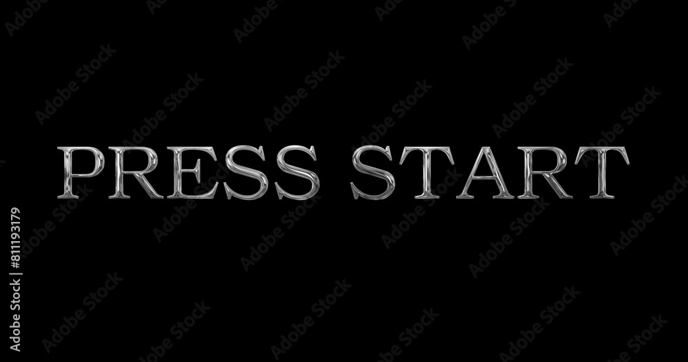 Press Start simple text golden metallic illuminated overlay effect. Press start motion screen interface menu gameplay intro banner. Nostalgia creative win end over game screen virtual stream.