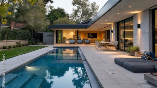 A minimalist backyard with a sleek swimming pool, minimalist landscaping, and outdoor lounging areas, creating a private oasis for relaxation.