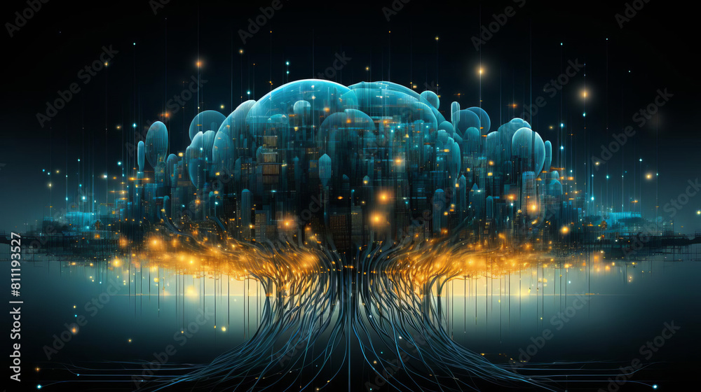 An illustration of a glowing blue tree with roots made of yellow ...