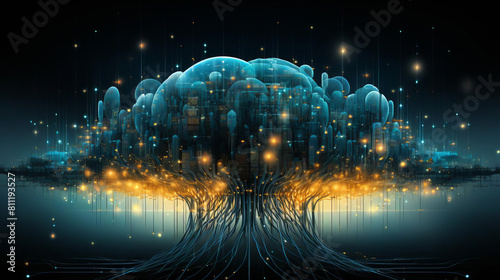 An illustration of a glowing blue tree with roots made of yellow lightning on a dark blue background. The tree is surrounded by tiny glowing dots.