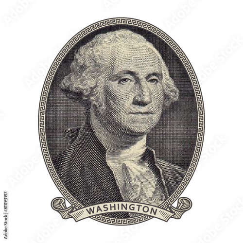 Vector high pixel mosaic portrait of the first US President Washington in an oval and with a ribbon. White isolated background.