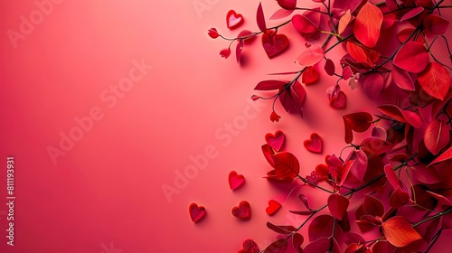 A pink background with leaves and hearts.