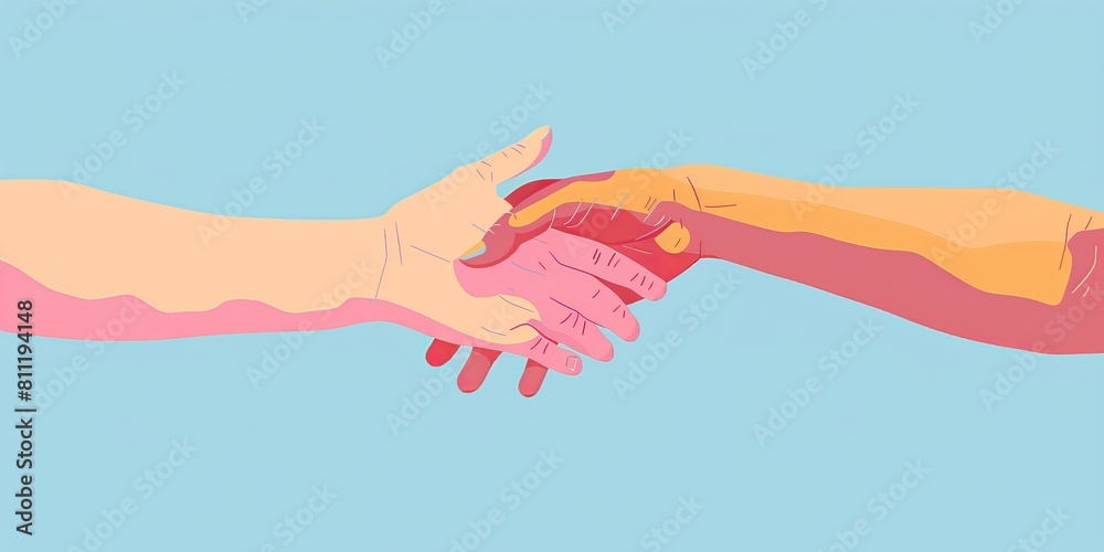 Two hands shaking in a blue background. Concept of unity and friendship. The pink and blue colors create a warm and inviting atmosphere Two hands shaking in a blue background. Concept of unity and friendship. The pink and blue colors create a warm and inviting atmosphere