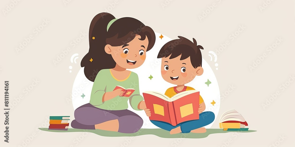 A woman and a boy are sitting on the floor reading a book together. Concept of warmth and bonding between the two A woman and a boy are sitting on the floor reading a book together. Concept of warmth and bonding between the two