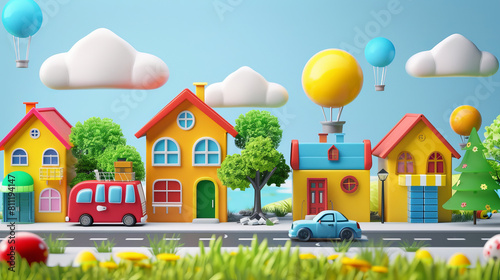 3d city houses transport cars road
