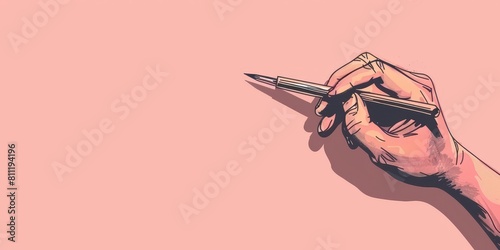 A hand holding a pencil is drawing on a pink background. Concept of creativity and artistic expression