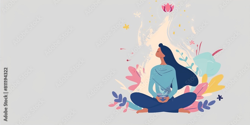 Obraz premium A woman is sitting in a garden with a flower in her hand. Concept of peace and tranquility, as the woman is surrounded by nature and he is enjoying a moment of relaxation