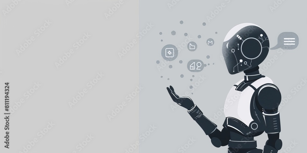 Fototapeta premium A robot is holding a cell phone and is surrounded by icons. The robot is holding the phone in its right hand and the icons are scattered around it