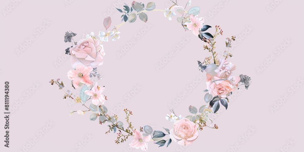 A flowery design with a pink background. The flowers are arranged in a circle and are of various sizes. Scene is one of beauty and elegance