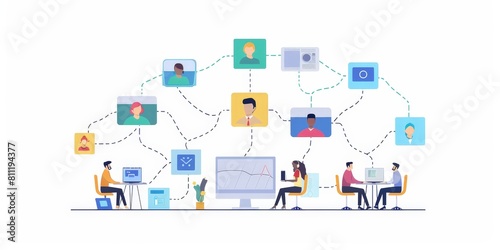 A group of people are working together on a computer. There are several people in the image, some of them are sitting at a desk while others are sitting on chairs