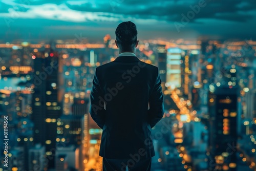 A man in a suit stands in front of a city skyline at night