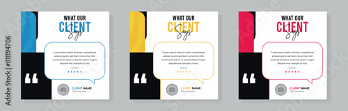 Set of client testimonials or review social media post design, client feedback template with square size modern and creative.