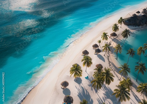 Aerial view of a white sandy beach with palm trees and a blue lagoon in Zanzibar  Tanzania  at sunset. A beautiful summer vacation background. The view is in the style of a travel concept.