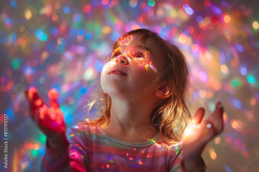 Naklejka premium Little girl with her arms outstretched and palms open in a stream of magical rainbow light. Magic colorful light projected on a child's face. Cute kid waiting for the holiday magic.