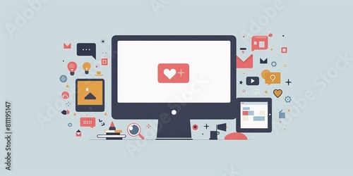 A computer monitor with a heart on it and a bunch of icons surrounding it. The icons include a camera, a book, a keyboard, and a mouse. Scene is that of a creative workspace © kiimoshi