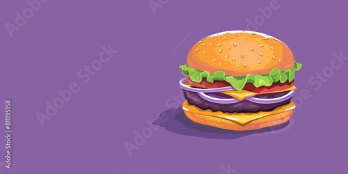 A cartoon image of a hamburger with lettuce and onions on top. The burger is on a purple background