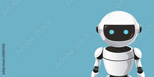 A robot is standing on a blue background. The robot is white and has blue eyes © kiimoshi